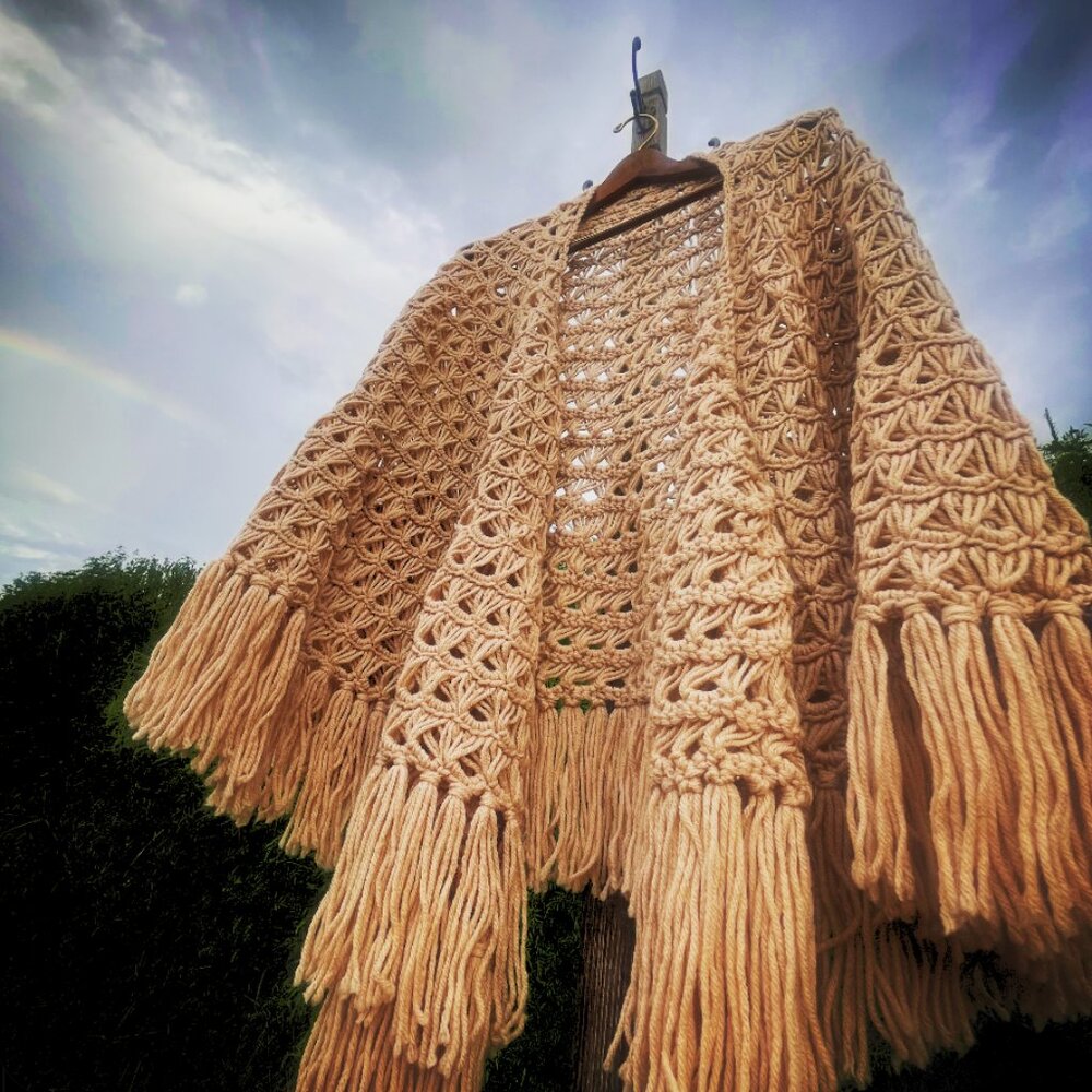 NEW Dreamy Boho One-Size Warm Bone/Cream Cozy Handmade Crochet Fringe Shawl/Cape